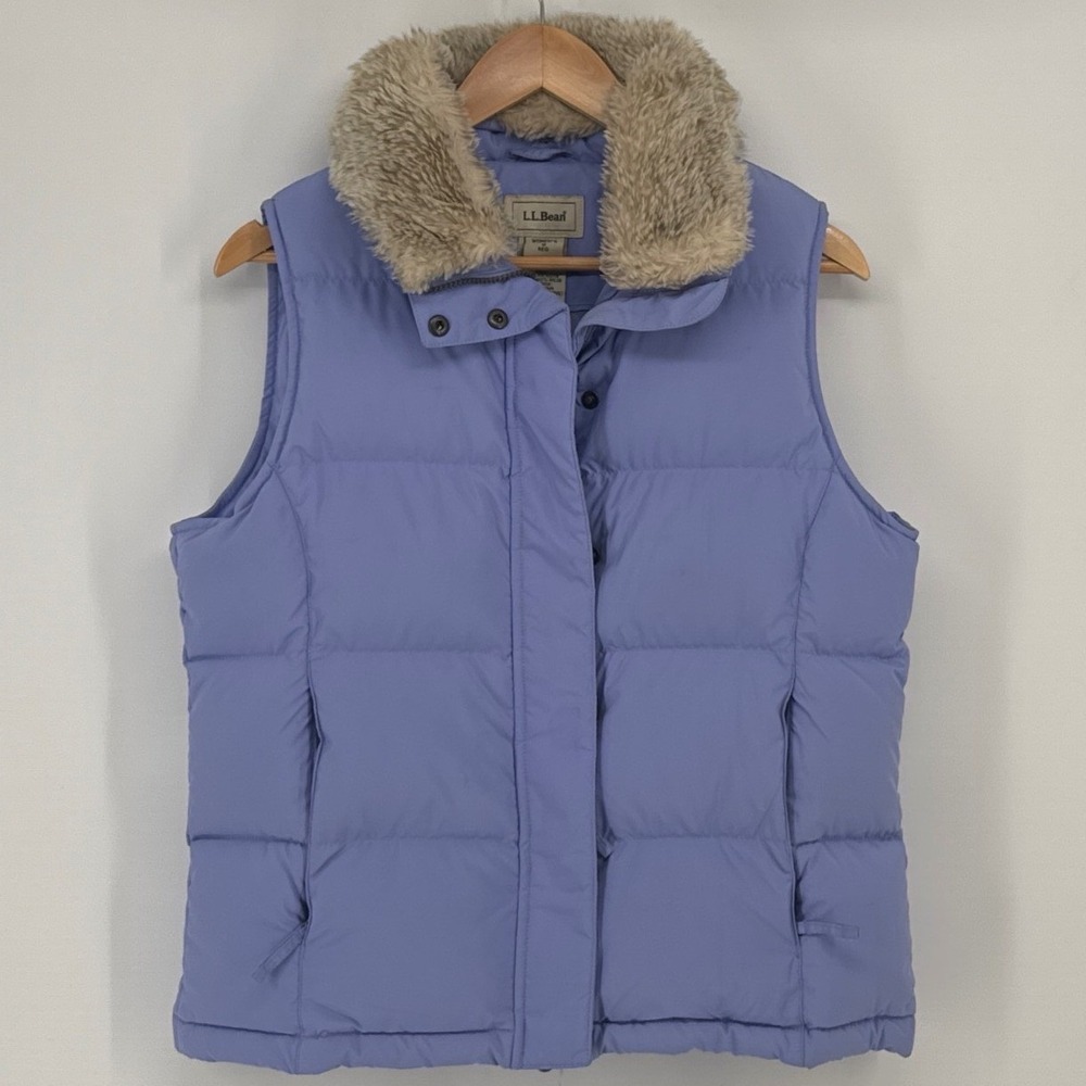 L.L.Bean Goose Down Puffer Vest Womens Small Blue Faux Fur Collar Quilted